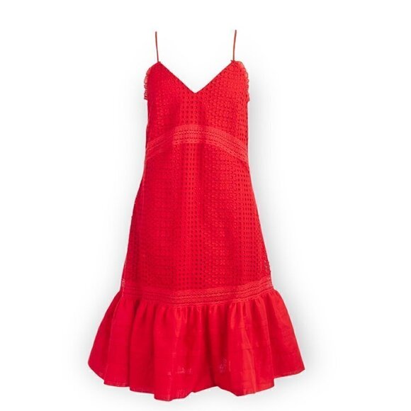 J.Crew Ruffle-hem Spaghetti Strap Eyelet Dress Red, Size 00 - Picture 2 of 11